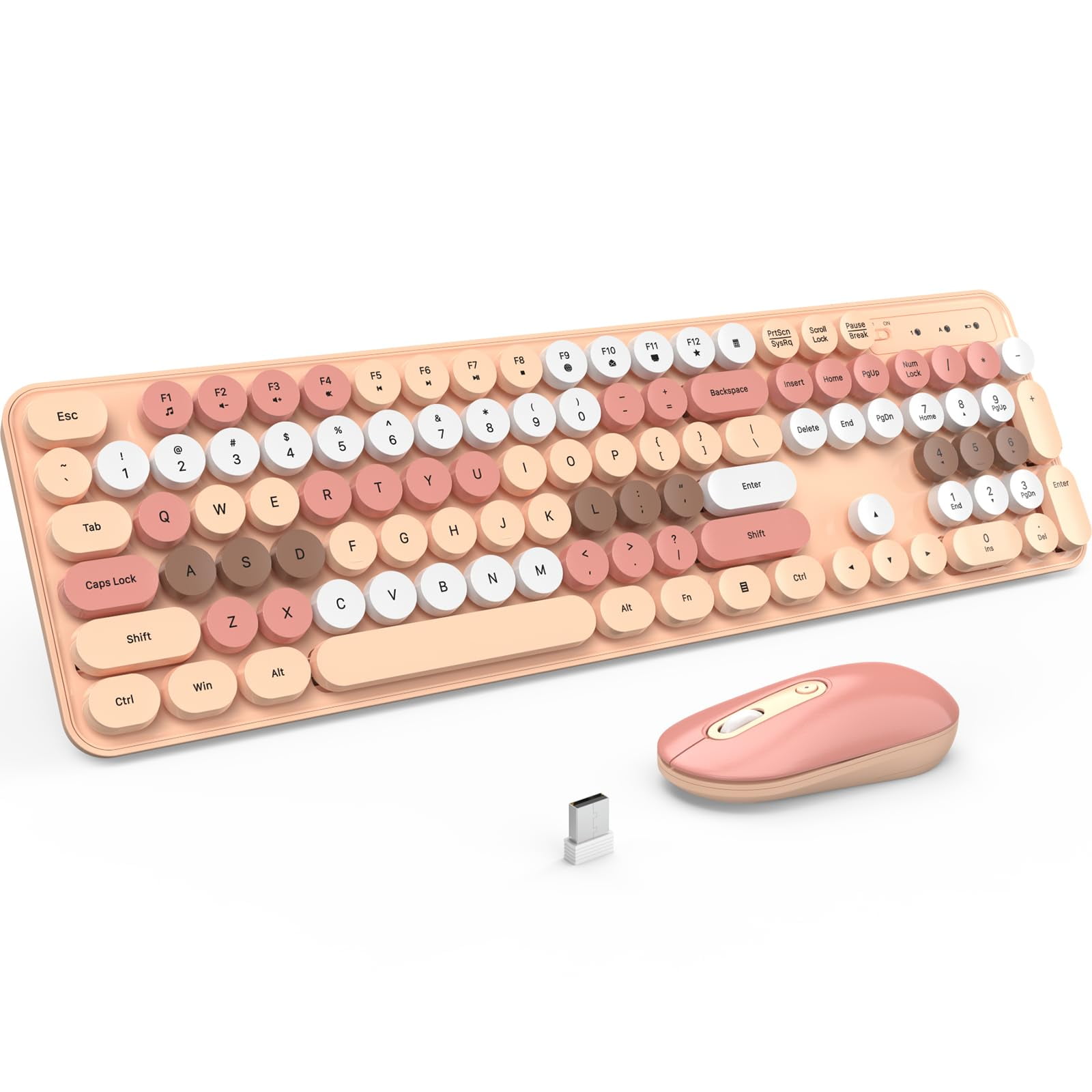 Wireless Keyboard and Mouse - Silent Keyboard Mouse Combo, Full Size Color Typewriter Keyboard with Round Keycaps, 2.4G Cute Mouse, Compatible with PC/Laptop/Computer
