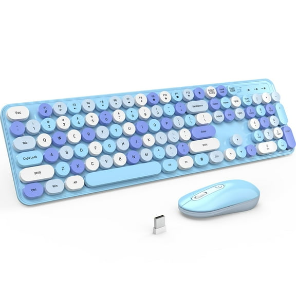 Wireless Keyboard and Mouse - Silent Keyboard Mouse Combo, Full Size Color Typewriter Keyboard with Round Keycaps, 2.4G Cute Mouse, Compatible with PC/Laptop/Computer