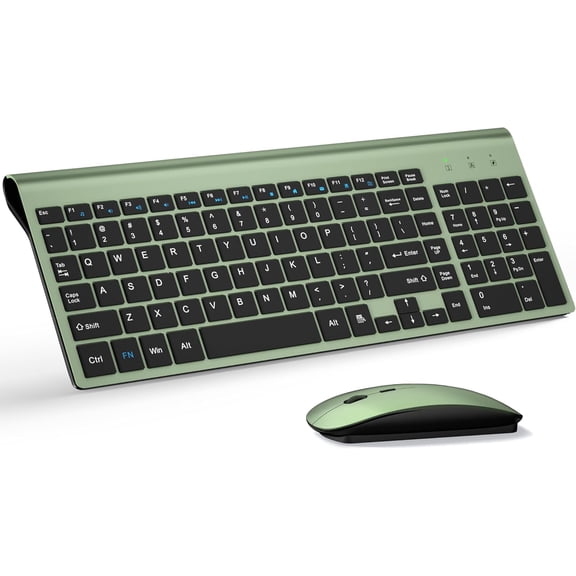 Wireless Keyboard and Mouse Ultra Slim Combo, 2.4G Silent Compact USB 2400DPI Mouse and Scissor Switch Keyboard Set with Cover, Batteries Included, for PC/Laptop/Windows/Mac - Green Black