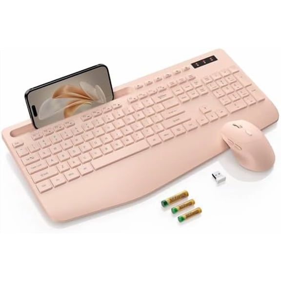 Wireless Keyboard and Mouse, Wrist Rest, Phone Holder, Batteries Included, 2.4G Lag-Free Ergonomic Keyboards Mouse Combo, Silent Cordless Set for Computer, Laptop, Mac, Windows (No Backlit)