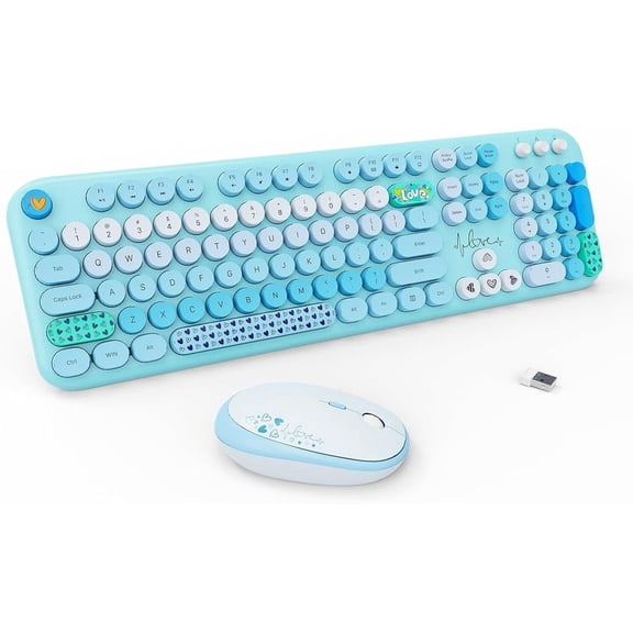 Wireless Keyboard and Mouse Combo - 2.4G Full-Sized Cute Colorful Retro Keyboard