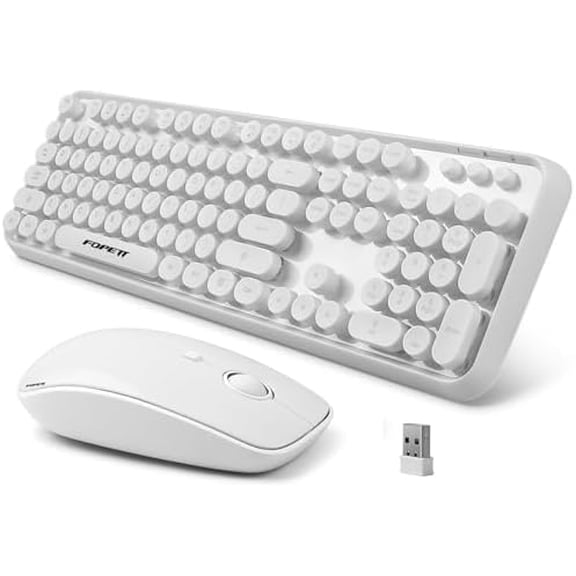 Wireless Keyboard and Mouse Combo - 2.4G Full-Sized White Keyboard with Round Keycaps 104 Keys Typewriter Keyboard for Laptop/Windows/PC - White