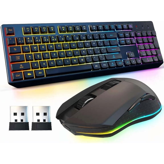 Wireless Keyboard and Mouse Combo RGB Backlit Rechargeable Dual USB Receivers Compatible with PC Mac PS4 PS5 Black Bundle
