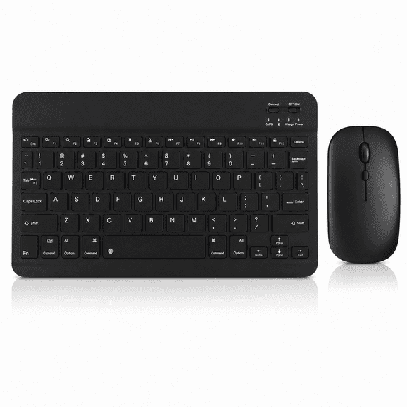 Wireless Keyboard and Mouse Combo, Rechargeable Compact Keyboard with Quiet Keys and Ergonomic Mouse for Tablet, Laptop and Smartphone, Black