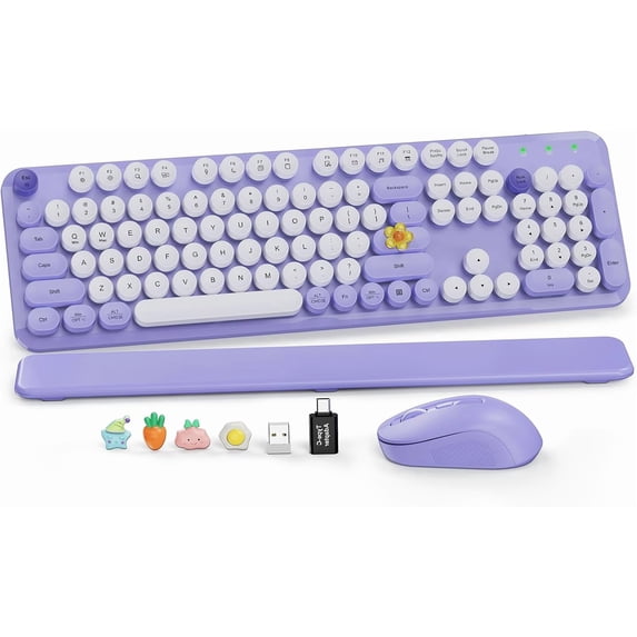 Wireless Keyboard and Mouse Combo, Retro Round Keycaps, Full Size with ...