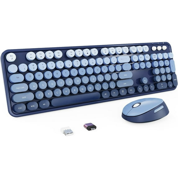 Wireless Keyboard and Mouse Combo, Retro Typewriter Keyboard with Round Keycaps, Full-Size Ergonomic, Blue