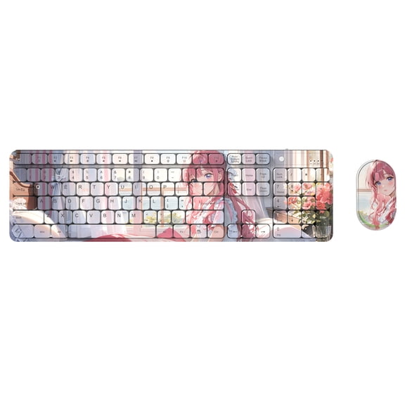 Wireless Keyboard and Mouse Combo, Silent 2.4GHz and Bluetooth Dual Mode, Full-Size Keyboard with Number Pad, White Pink Anime-Style Design