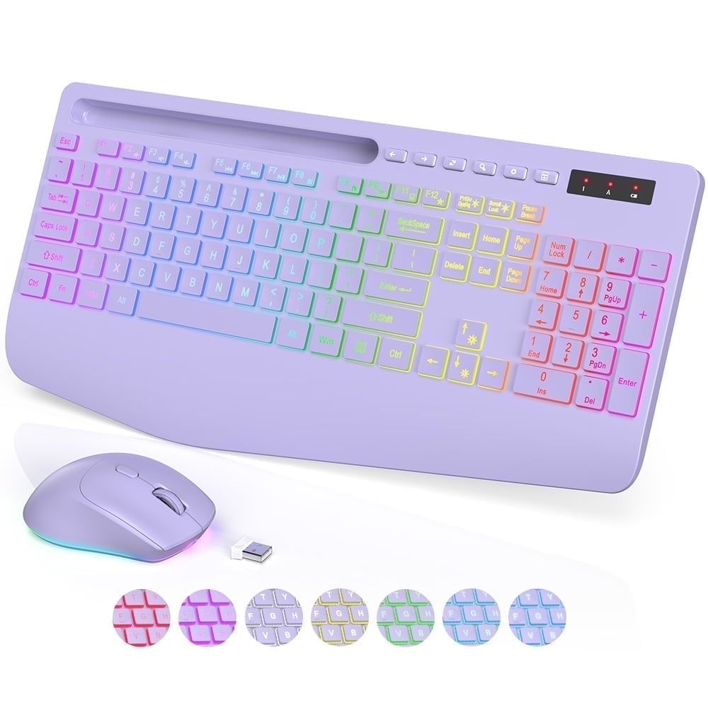 Wireless Keyboard and Mouse Combo with 9 Backlit, Wrist Rest & Phone Holder, Purple