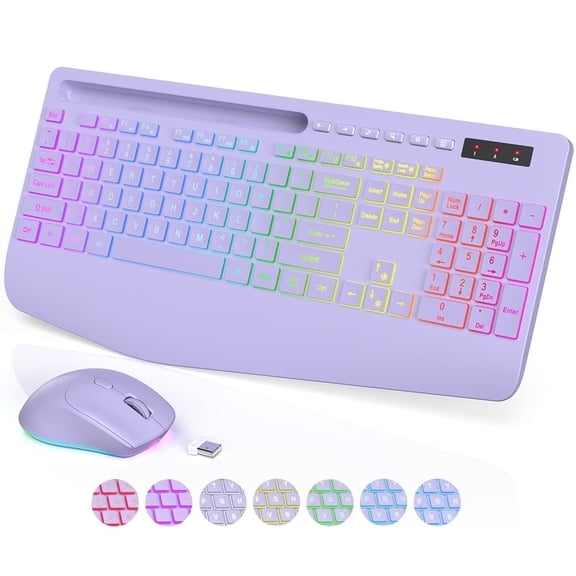 Wireless Keyboard and Mouse Combo with 9 Backlit, Wrist Rest & Phone Holder, Purple