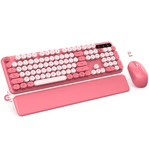 Wireless Keyboard & Mouse Set (Hot Pink) – Retro Round Keycaps, Detachable Wrist Rest, 2.4GHz Cordless Connection for Mac/Windows/PC