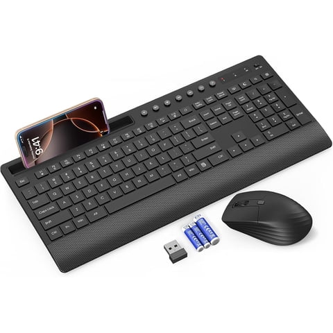 Wireless Keyboard and Mouse Combo with Full-Size Quiet, Palm Rest, Phone Holder, Multimedia Keys, Batteries Included, Compatible with Windows, PC, Laptop - Black