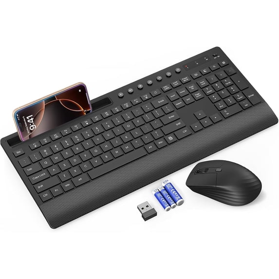 Wireless Keyboard and Mouse Combo with Full-Size Quiet, Palm Rest, Phone Holder, Multimedia Keys, Batteries Included, Compatible with Windows, PC, Laptop - Black