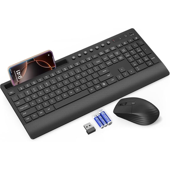 Wireless Keyboard and Mouse Combo with Full-Size Quiet, Palm Rest, Phone Holder, Multimedia Keys, Batteries Included, Compatible with Windows, PC, Laptop - Black