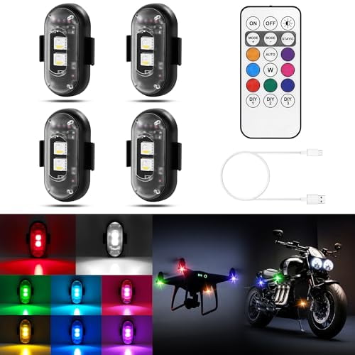 Wireless LED Lights for Car 4PCS with Remote Control,Wireless LED Strobe Lights 8 Colors USB Charge IP65 Waterproof Anti-Collision for Car Motorcycle Drone RC Aircraft Bike,Black