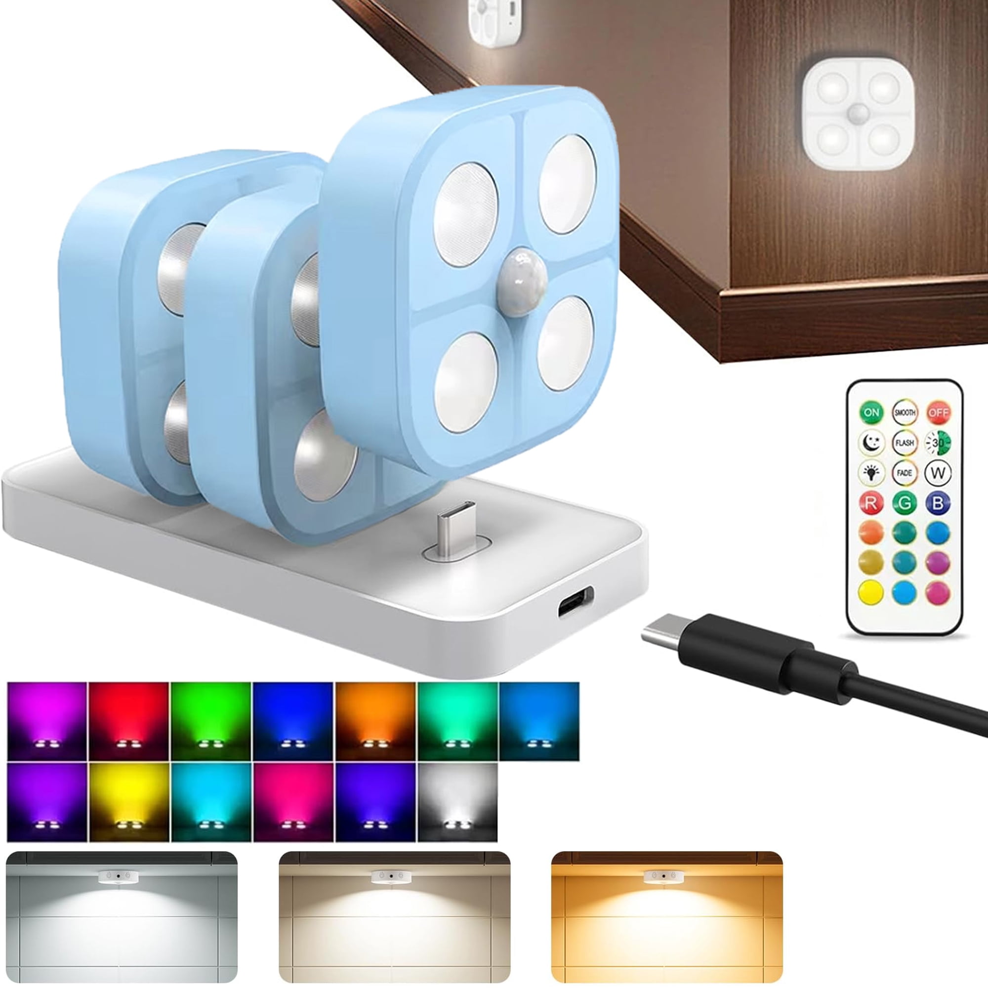 Wireless LED Puck Lights, Motion Sensor Lights Indoor, Rechargeable Stair Lights with Remote Control, 3 RGB Cabinet Lights Change Modes, Suitable for Stairs, under Closet, Bedroom, Kitchen,Blue