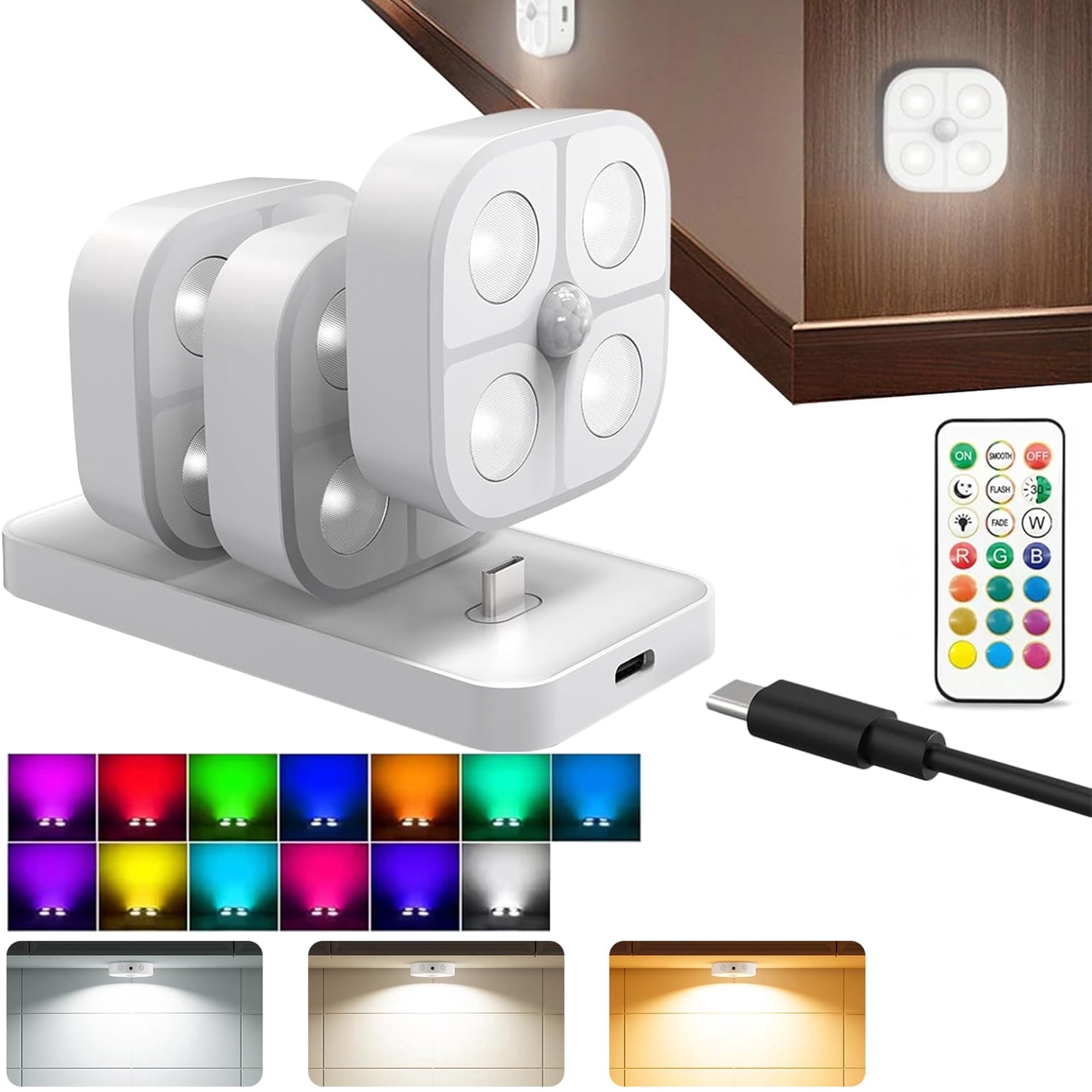 Wireless LED Puck Lights, Motion Sensor Lights Indoor, Rechargeable Stair Lights with Remote Control, 3 RGB Cabinet Lights Change Modes, Suitable for Stairs, under Closet, Bedroom, Kitchen,White