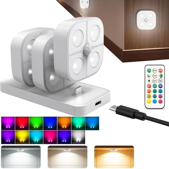 Wireless LED Puck Lights, Motion Sensor Lights Indoor, Rechargeable Stair Lights with Remote Control, 3 RGB Cabinet Lights Change Modes, Suitable for Stairs, under Closet, Bedroom, Kitchen,White