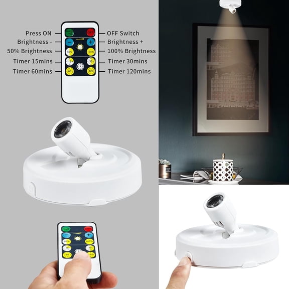 Wireless LED Spotlight Battery Operated Picture Lights, Stick Spot Lights with 2 Remote, Dimmable Puck Lights with Timmer for Wall Display Painting Dartboard Artwork Accent Closet, 2-Pack