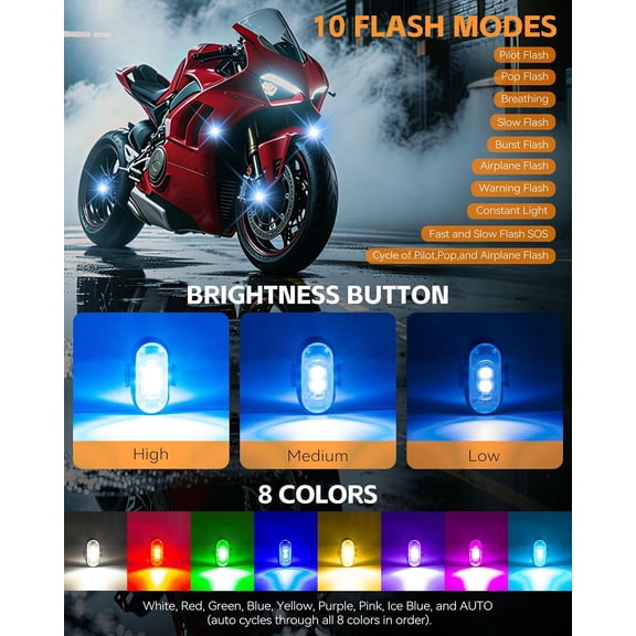 Wireless LED Strobe Rock Lights - Under Glow Emergency Warning Flash Lights, 8-Pack 8 Colors Remote Control USB Charing Waterproof Anti-Collision Light for Car Motorcycle eBike Drone Aircraft Decor