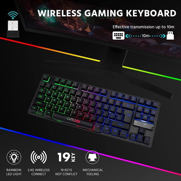 Wireless LED keyboard, rechargeable 87-key RGB backlight wireless keyboard, ergonomic backlight gaming keyboard wireless compatible with PC PS4 PS5 Xbox One laptop, Teclado inalmbrico, black