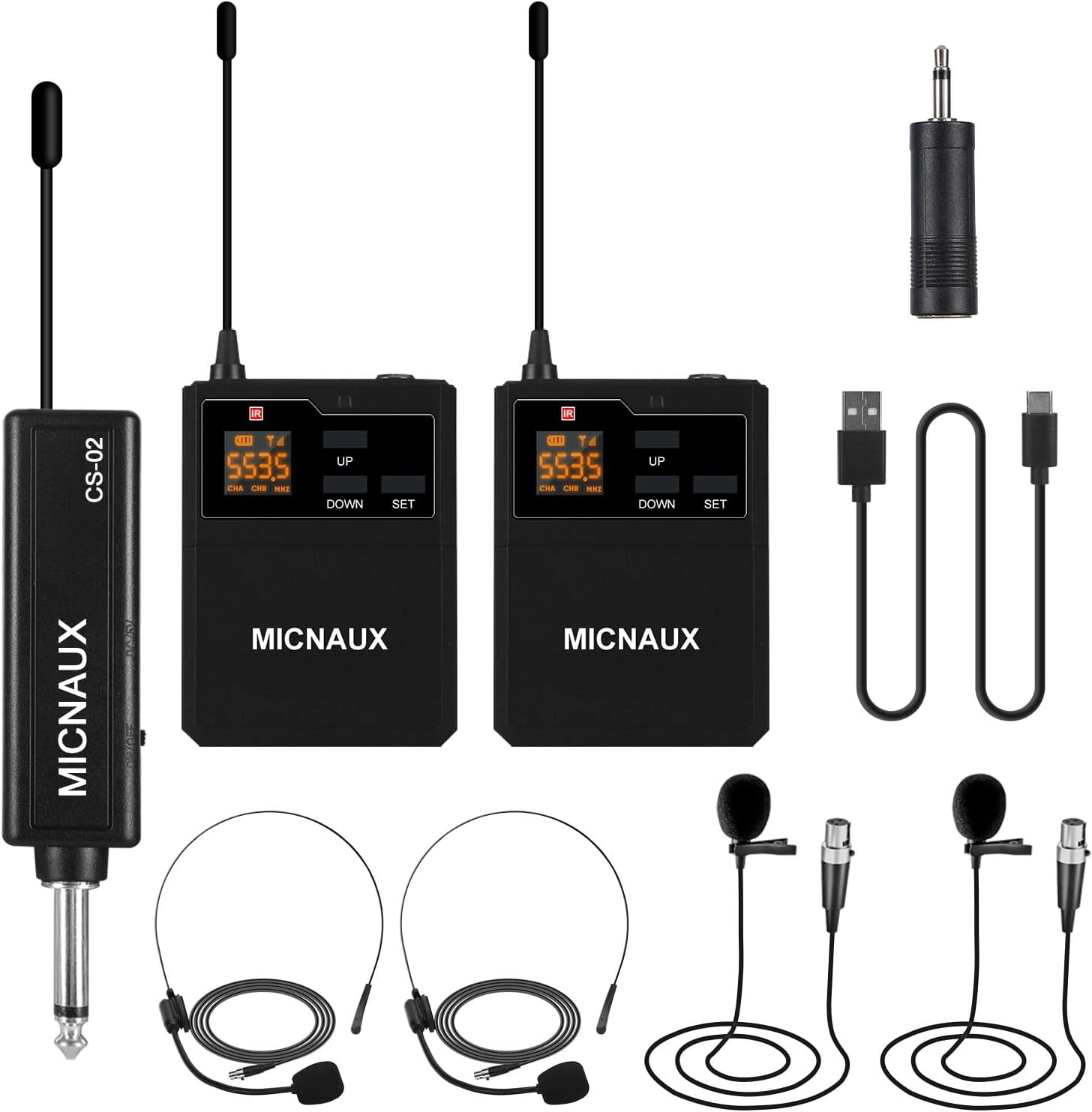 Wireless Lapel Microphone System with Headset & Lavalier Mics, UHF Bodypack Transmitters, Mini Rechargeable Receiver, 48 Channels in 500MHz, 260ft Range, Plug & Play for Wedding Speech Church