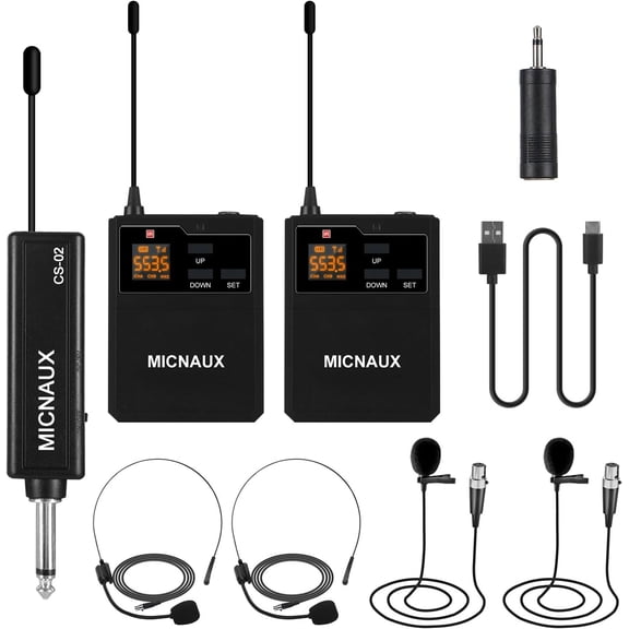 Wireless Lapel Microphone System with Headset & Lavalier Mics, UHF Bodypack Transmitters, Mini Rechargeable Receiver, 48 Channels in 500MHz, 260ft Range, Plug & Play for Wedding Speech Church