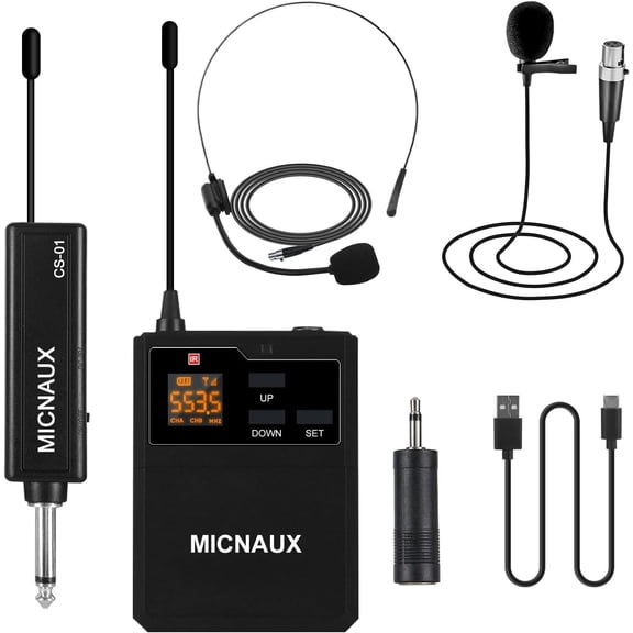 Wireless Lapel Microphone System with Headset & Lavalier Mics, UHF Bodypack Transmitters, Mini Rechargeable Receiver, 48 Channels in 500MHz, 260ft Range, Plug & Play for Wedding Speech Church