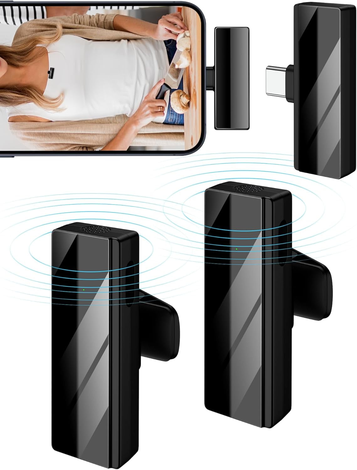 Wireless Lavalier Microphone,2Pack USB C Wireless Lav Mic for Samsung S24/S23/S22/A15/A55/iPad,Noise Reduction, iPhone 15 Type C Mini Clip-on Microphone for Android Phone,Video Recording,YouTube,Vlog