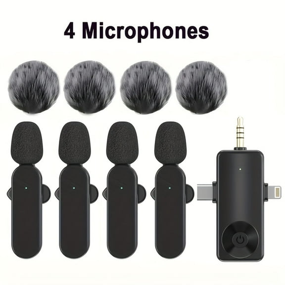 Wireless Lavalier Microphone, Clip Microphone with 4 Large Wind-Driven Sleeves, Suitable for iPhone iPad Android PC Camera