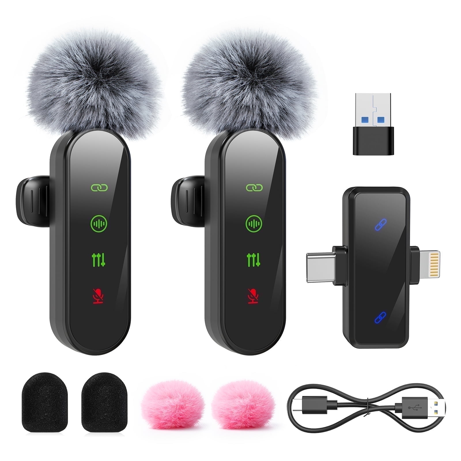 ZealSound Mini Microphone for iPhone with LED Display,Wireless Lavalier Mic with USB-C/USB - Noise Reduction & Echo Effect,6 Windscreen Furry Muff Mics for TikTok,Podcast,ASMR,YouTube Video