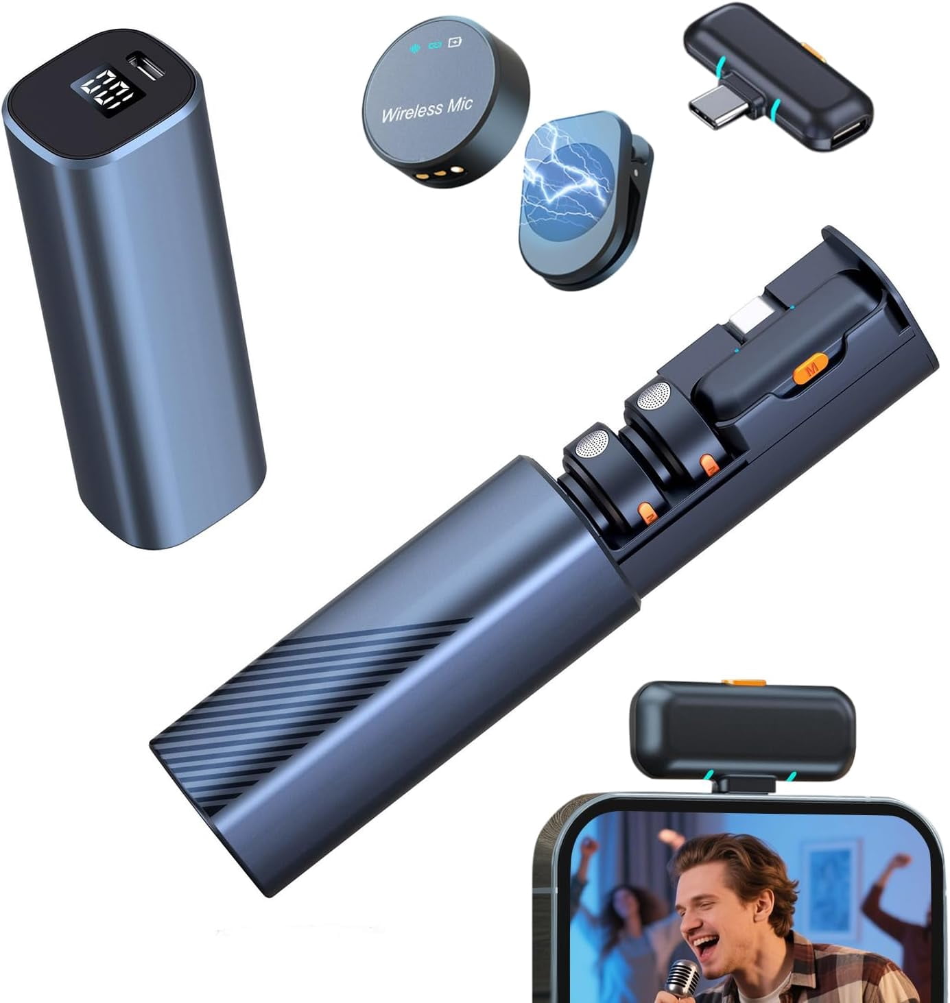 Wireless Lavalier Microphone for i Phone Android,Mini Clip-on/Magnetic Mic with 3-Mode Noise Cancellation,100FT Range,30H Battery Charging Case for USB-C Smart Device Vlog/Video Recording/Interview