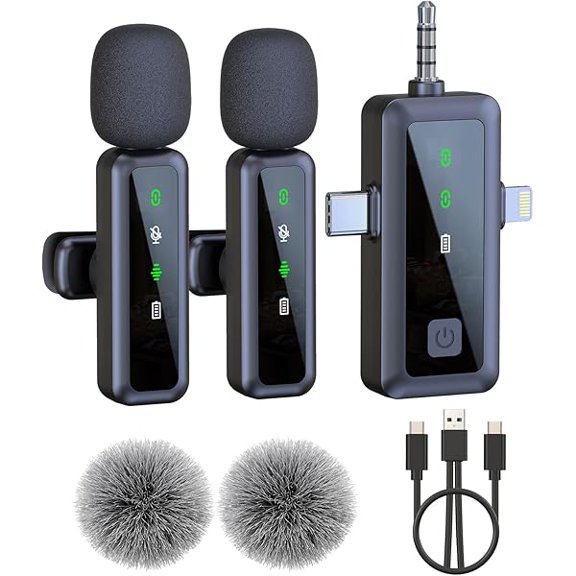 Wireless Lavalier Microphone for iPhone, Android, Camera, 2 Pack Mini Lapel Mic with LED Display and Noise Cancelling, USB-C Microphone for TikTok, YouTubeVlog Recording