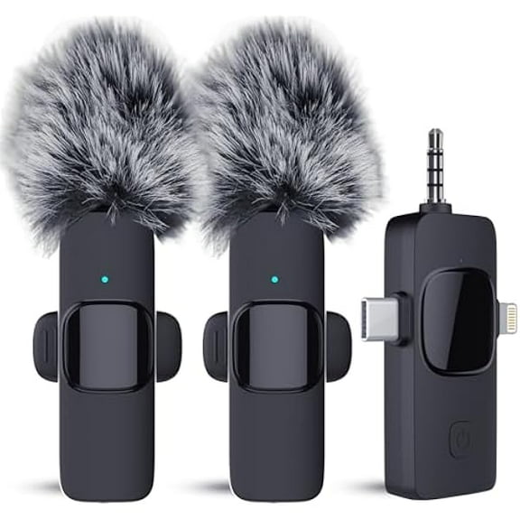 Wireless Lavalier Microphone for iPhone Android Camera with Furry Windproof Covers, Dual Lavalier Microphone for Interviews, Live Streaming, YouTube, TikTok, Plug-Play, 3-in-1 Receiver