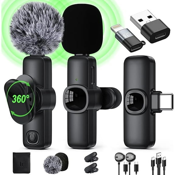 Wireless Lavalier Microphone for iPhone/Android Phone/Laptop/PC, 360 Adjustable Clip on Microphone with 100FT Transmission Distance and Noise Cancellation for Vlog, Interview, TikTok (2 Mic)
