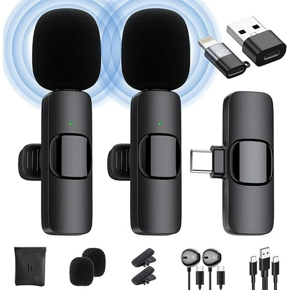 Wireless Lavalier Microphone for iPhone/Android Phone/Laptop, Plug-Play Clip on Lapel Mic with Auto Noise Reduction for Video Recording, Live Broadcast, Interview, TikTok, YouTube (2 Mics)