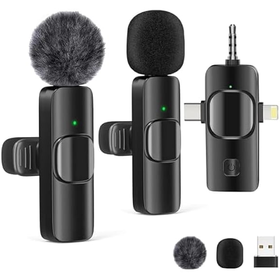 Wireless Lavalier Microphones, 4-in-1 Universal Receiver for Android iPhone iPad Laptop & Camera, USB-C, Wireless Mini Microphone for Video Recording, Vlog, YouTube, TikTok