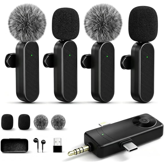 Wireless Lavalier Microphones Compatible for iPhone, Android Phone, Camera, Computer, Professional Wireless Mini Microphone for Video Recording, Vlog, YouTube, TikTok (4 Mics)