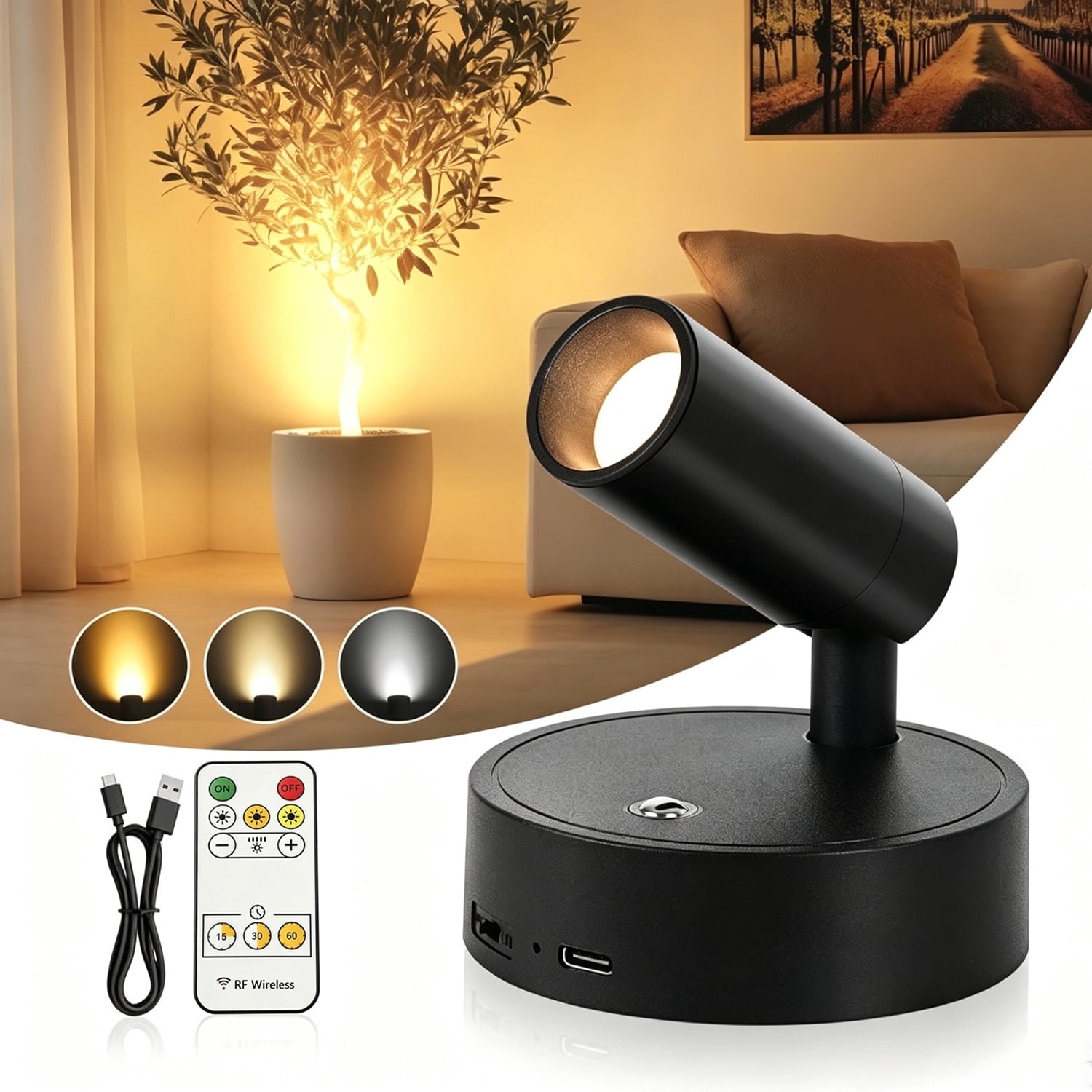 Wireless Led Spotlight Indoor, Rechargeable Uplighting Indoor with Remote Dimmable, 350° Rotate, Battery Powered Ceiling Spotlight for Artwork, Painting Tree, Black 1pcs