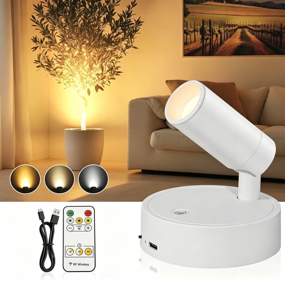 Wireless Led Spotlight Indoor, Rechargeable Uplighting Indoor with Remote Dimmable, 350° Rotate, Battery Powered Ceiling Spotlight for Artwork, Painting Tree, White 1pcs