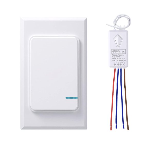 Wireless Light Switch and Receiver Kit, Mini Remote Control Switch with Wall Plate for Ceiling Lights, Lamps, Lighting Fixture, No Wiring No WiFi Needed, Outdoor 1969ft Indoor 328ft RF Range