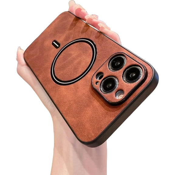 Wireless Magnetic Faux Leather Phone Case with Magnetic Attachment, Touch Comfort and Drop Protection for iPhone 15 14 13 12 11 Pro Max X XS XR Case (Brown,iPhone 14 Pro Max)