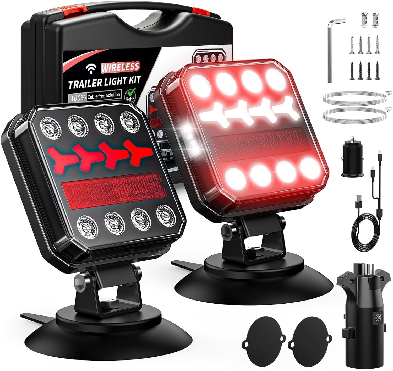 Wireless Magnetic LED Trailer Light Kit, IP67 Waterproof, 100FT Range, USB-C Fast Charging