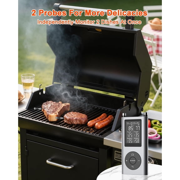 Wireless Meat Thermometer with 2 Probes & 800Ft Range - Smart Bluetooth BBQ Grill Thermometer with Standalone Base, NIST Certified ±0.5 ° F Accuracy, Backlit Display for Oven, Smoker, Kitchen Cooking