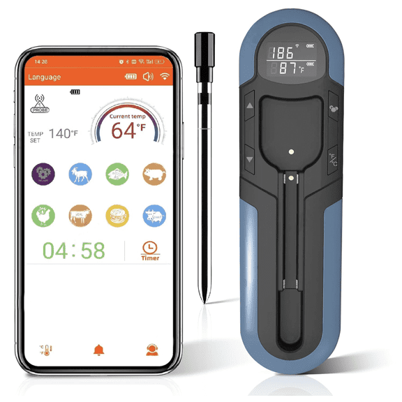 Wireless Meat Thermometer - 2024 Model with Display - 500ft Radio Frequency - App + Display Controlled - Long Lasting Battery -  IP66 Waterproof