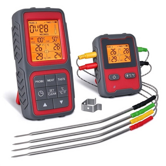 Wireless Meat Thermometer, 500FT Digital Cooking Thermometer with 4 Color-Coded Probes, Backlit LCD & Alarm for Smoking, BBQ, Oven, Kitchen