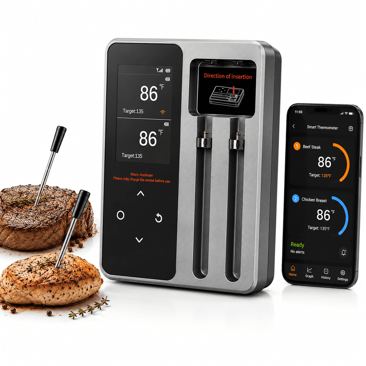 Amumu Direct Wireless Meat Thermometer with App Control, 400FT Bluetooth Smart BBQ Thermometer with Dual Probes & 6 Sensors, 0.5S Instant Read, LCD Display, IP67 Waterproof Meat Thermometer for Grill, Smoker, Ove