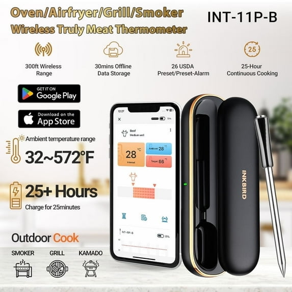 Inkbird Wireless Meat Thermometer Bluetooth BBQ Thermometer with 91m/300ft App Control and Smart Alarms,Dishwasher Safe
