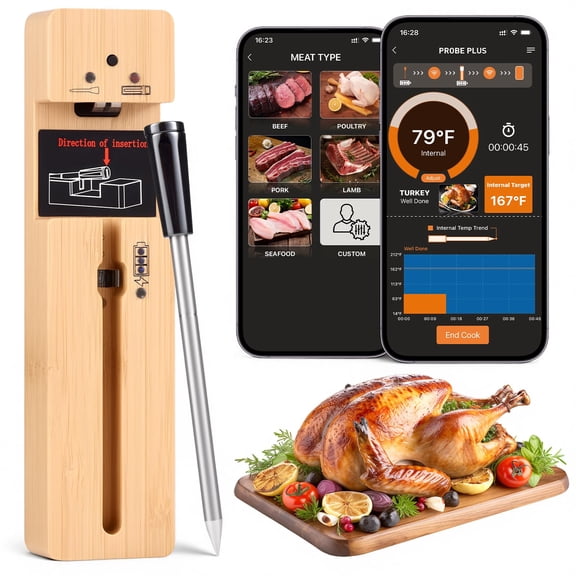 Wireless Meat Thermometer Digital, Long-Range Bluetooth Cooking Thermometer, Remote Tracking & Real-Time Readings for BBQ, Smoker, Air Fryer, Ideal Gift for Home Chef, Pitmaster, Griller