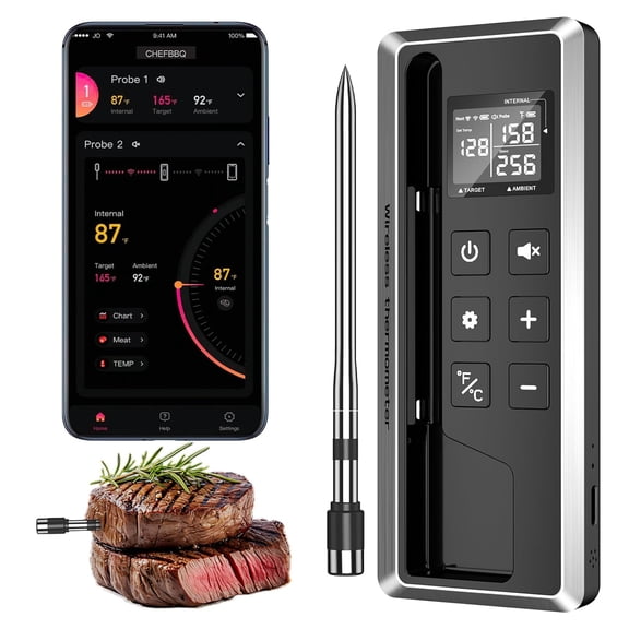 Wireless Meat Thermometer with Smart Timer & APP Control, 800ft Bluetooth Grill Food Thermometer - 0.19In-Ultra Thin Probe, 0.5 Accuracy, Digital Backlit Screen for BBQ, Oven, Smoker, Kitchen