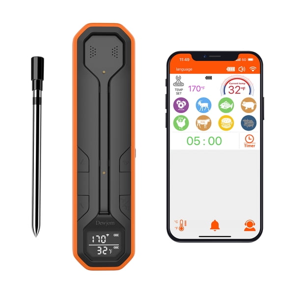 Wireless Meat Thermometer Digital Cooking Thermometer with Wireless Probe 500Ft Remote Range Food Thermometer with iOS & Android Read App -Preprogrammed Temperatures for BBQ, Oven, Grill